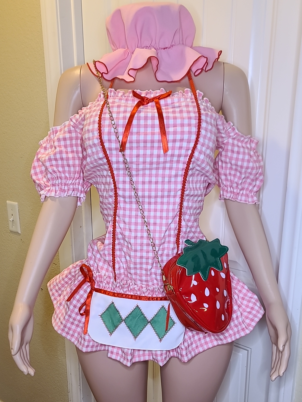 RARE Vintage Leg Avenue Strawberry Shortcake 5Pc  Costume Set w/ Wig Purse Lg